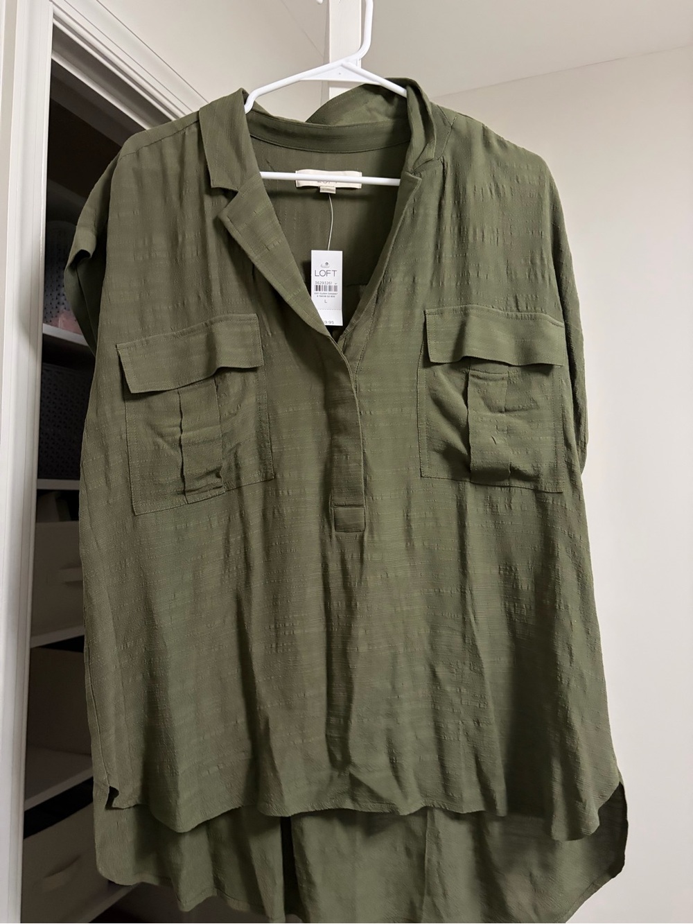 LOFT Olive Green Utility Popover Blouse Top Large NWT